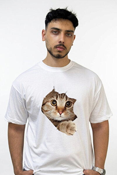 Anetos Big Eyed Kitten Design Printed Oversize White T-Shirt