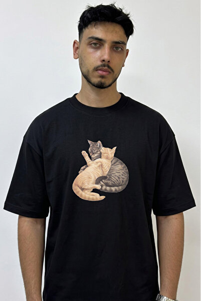 Anetos Sarilan Cats Design Printed Oversize Black T-Shirt