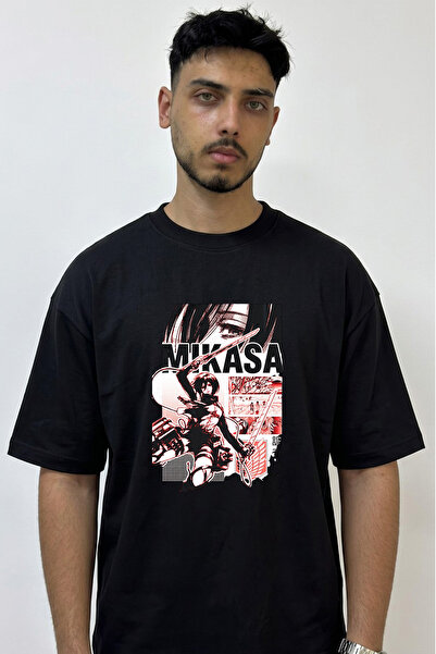 Anetos Mikasa Design Printed Oversize Black T-Shirt