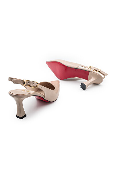 Modaarmada Kadın ince topuk sivri burun Bej rugan arkası açık stiletto - 7 cm...