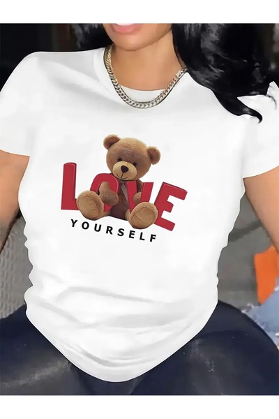 1001 Line Short Sleeve T-Shirt Women with Love Yourself Teddy Bear Design, co...