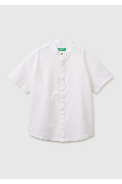 United Colors of Benetton قميص للأولاد ذو ياقة ماندارين وأكمام قصيرة وأزرار خ...