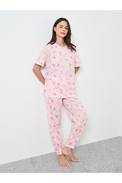 Styli Pink Dog Print Drop Shoulder T-Shirt and Cuffed Pyjama Set