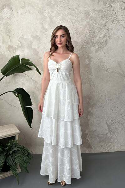 Elbee Fashion Woman Ecru Brodeled Dress with Chest Buckle