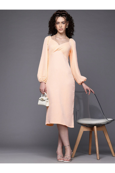 Freehand By Styli Textured Orange Bodycon Midi Dress