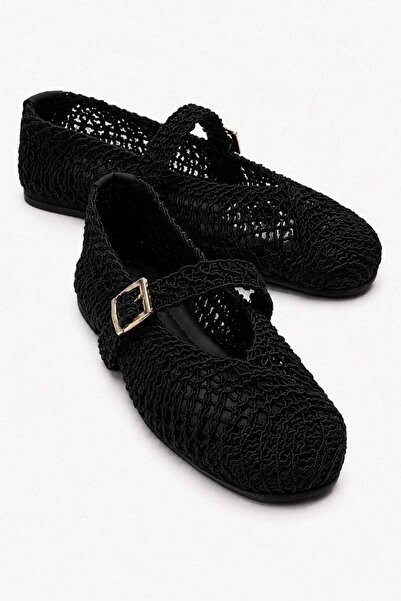 CCWAY AYAKKABI Women's Buckle Mesh Braided Ballerinas Black