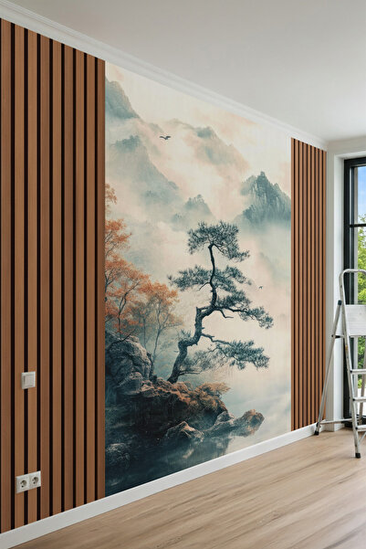 dreamwall Sisli Uçurum ve Ahşap Panel Desenli Tek Parça Tekstil Duvar Kağıdı