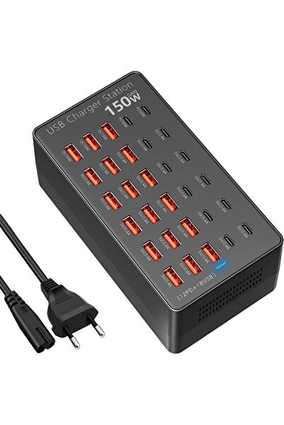 sccvee Statie de incarcare USB 150W, 30 porturi 12x USB-C + 18x USB-A, PD 30W...