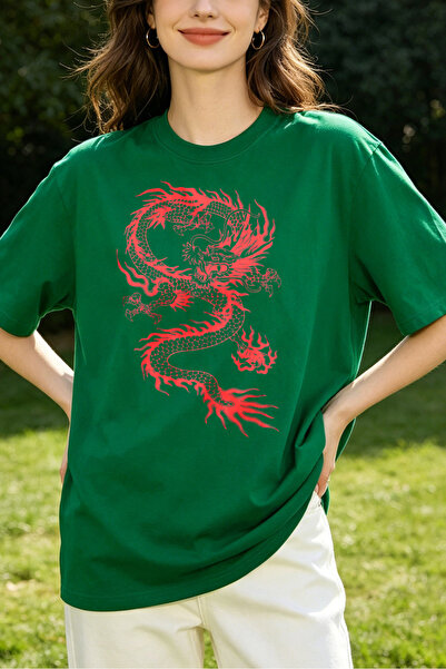 Fleck Womens T Shirts Dragon Print Oversized Casual Style Green Color Red Des...