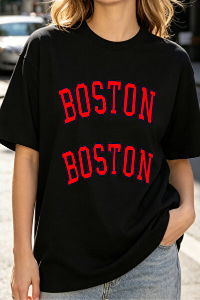 Fleck Womens T Shirts Boston Text Oversized Casual Streetwear Style Black Red...