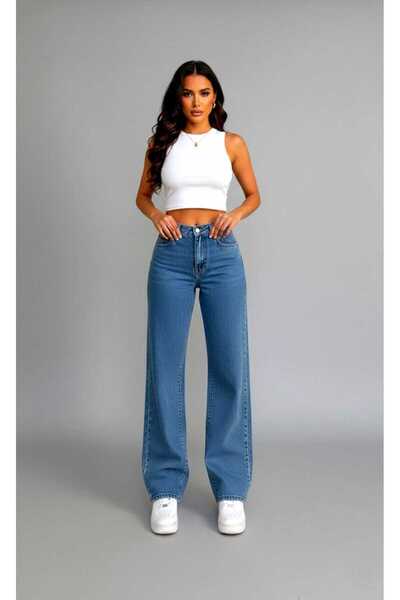 Lighter Jeans Pantaloni de damă din lycra cu talie înaltă, albastru mediu, cu...