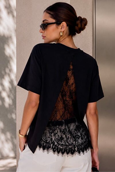 bb butik basic Oversized Basic T-Shirt with Lace Detail on the Back – Crew Ne...