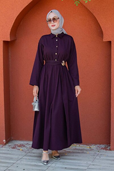 Tesettür Çarşım Seah Kemerli Pamuk Cotton Elbise-Mor