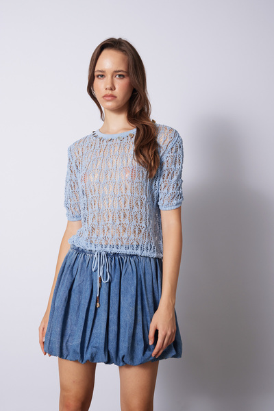 Nisan Tricot Blouse with Openwork Sequence Embellishment Detail Blue