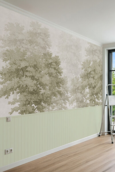 dreamwall Lambri ve Yeşil Gravür Ağaç Desenli Tek Parça Tekstil Duvar Kağıdı