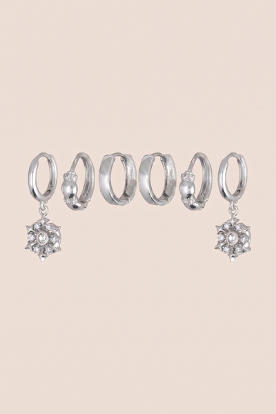 Hetra Silver Color Steel Zircon Stone Snowflake 6-Piece Hoop Earring Set