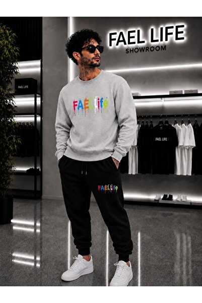 FAEL LİFE Unisex Wide Cut Zero Neck and Sweatpants Colorful Printed Set