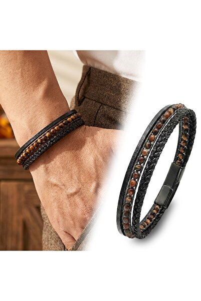 OGHAMAY Black Madagascarr Stone 316L Steel Lockable Multi-Layer Braided Leath...