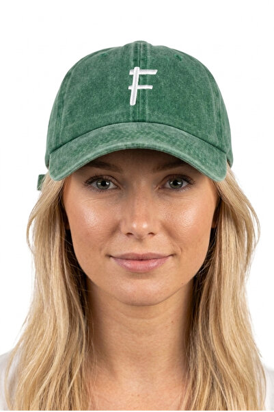 ŞapkaMania Dark Green Embroidered Washable Vintage Unisex Hat with Letter F