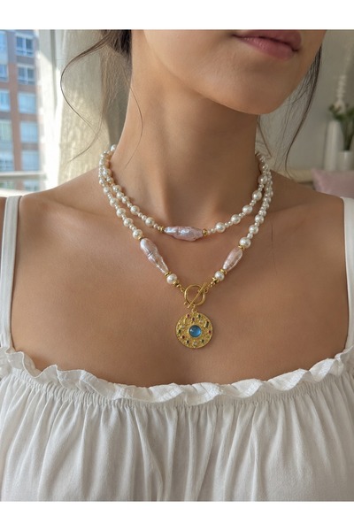 İNCİORA JEWELRY GERÇEK DOĞAL MOR BAROK İNCİ DETAYLI ÖZEL TASARIM KOLYE