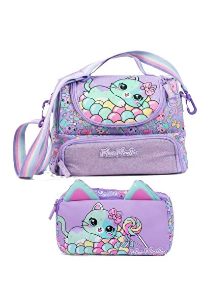 Miss Mirella Cat Printed Lilac Girls' School Lunchbox and Pen Holder Set - Se...