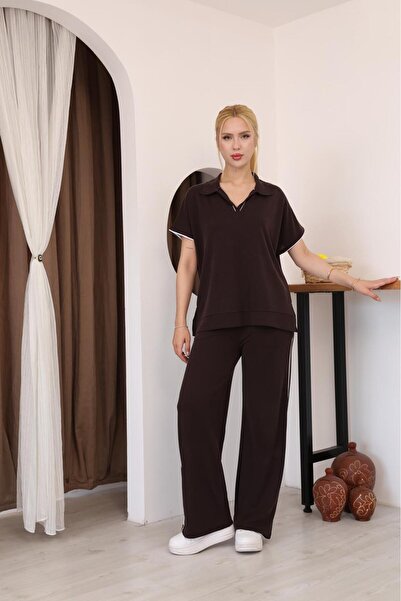 Mersella Aveline Polo Collar Women's Set Short Sleeve Relaxed Fit Wide Leg Bo...
