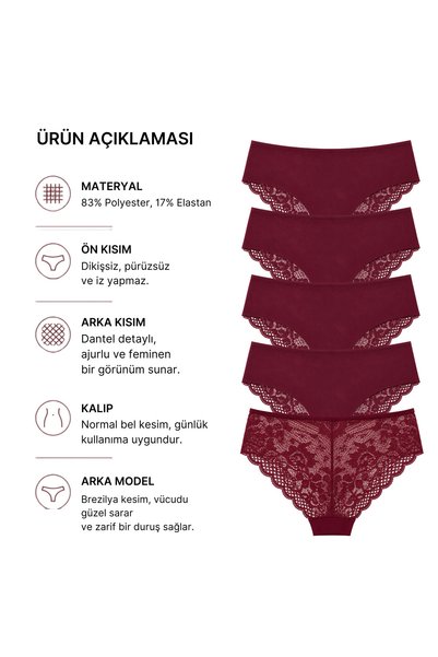 LİBELLA İÇ GİYİM New Season Premium Large Size Lace Laser Tulle Detailed Stylish Brazilian Panties Burgundy 5-Pack