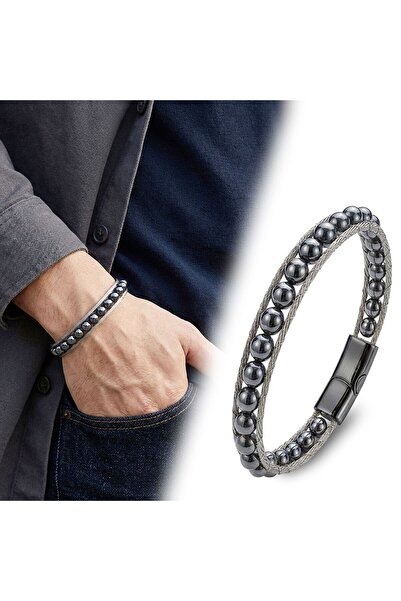 OGHAMAY Hematite Natural Stone and Steel Rope Braided Bracelet 18392B2Dh2