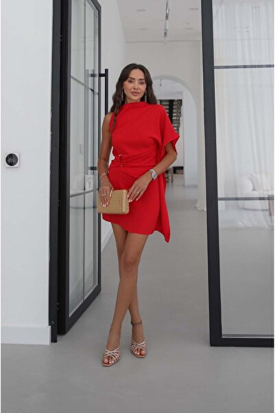 Havoş Red Bonnet One-Shoulder Dress with Shawl Detail