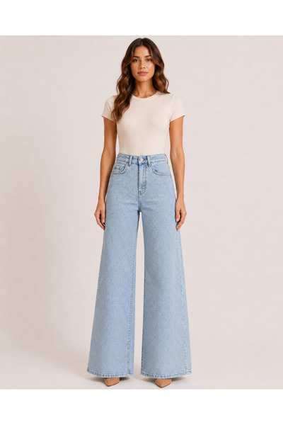 Butik Kadın Açık Mavi Baklava Desenli Taşlı Wide Leg Jean Pantolon