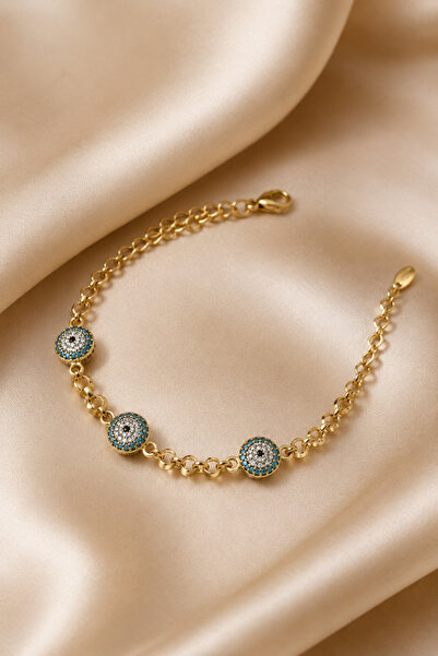 Balenbi Jewelry Kadın Üçlü Nazar Boncuklu Taşlı Kararmaz Çelik Bileklik 14K G...