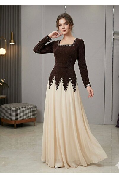 Gerenic Brown Evening Dress with High-End Beige