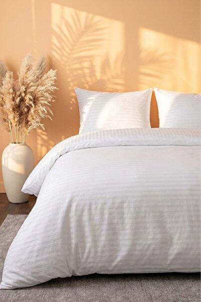 Rivaİstanbul Elite White Striped Satin Double Duvet Cover Set - 4 Pieces