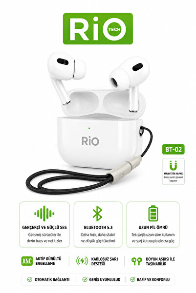 Rio Kablosuz Bluetooth Kulaklık Boyun Askılı Kılıflı Hi-Fi Ses Beyaz BT-02 TW...