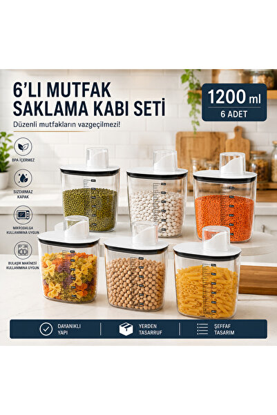ShopyTime Erzak Saklama Kabı Seti 6'lı • 1200 ml Hava Geçirmez Kapaklı ( Küçü...