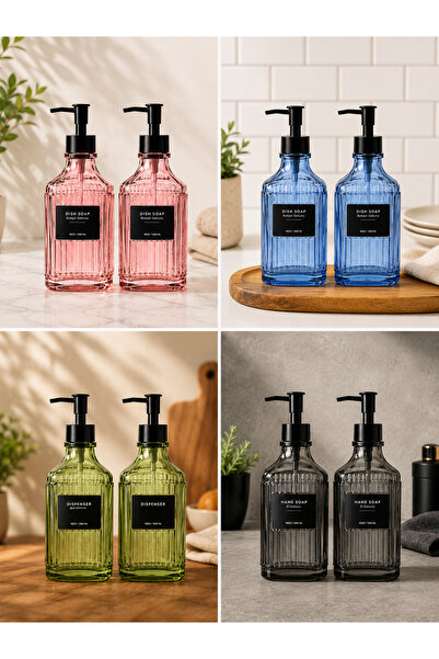 Arsimo Modern Line Patterned Glass Soap Dispenser & Detergent Dispenser Set -500 Ml-Black-Navy Blue-Pink-Green