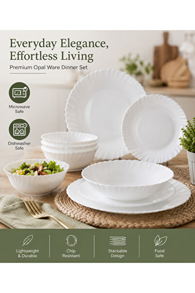 HOME AURAA 12 Pcs Opal Ware Dinner Set | 4 Dinner Plates, 4 Side Plates & 4 B...