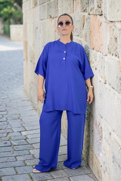 yagmurberen Haki̇m Collar Front Half Buttoned Tunic Elastic Waist Pocketed Pa...