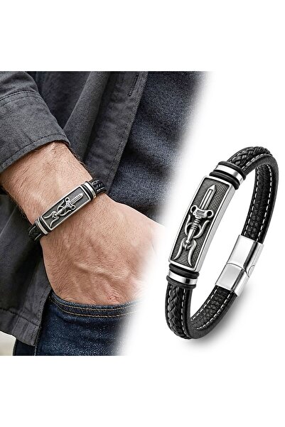 OGHAMAY Knight's Sword Motif Steel Locking Black Leather Men's Bracelet 18391...