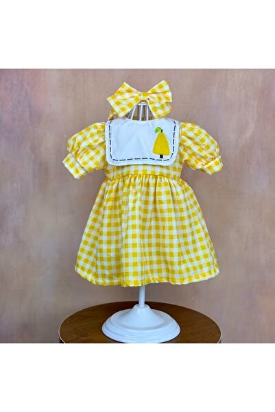 LunaDefano Reborn Bebek Kıyafeti Sarı Ekose Elbise ve Fiyonk Set 48-56 cm