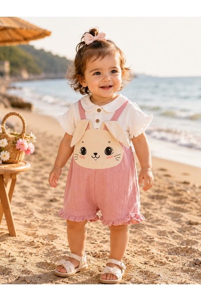 gültekin bebe Bebinni Tavşan Desenli Müslin Kumaş Slopet Kız Takım 9-24 Aylık...
