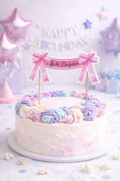 Le Mabelle Pink Bow Themed Happy Birthday Cake Decoration