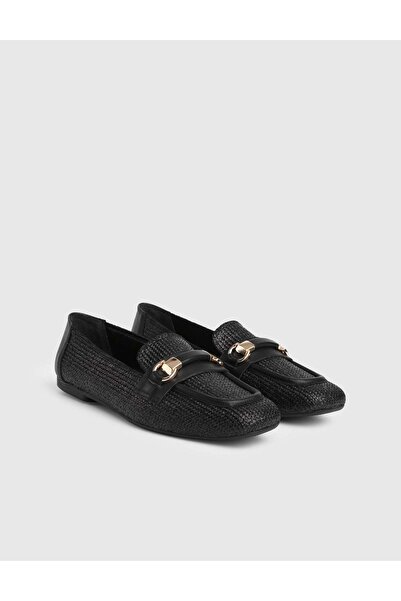 İLVİ Nina Genuine Straw Leather Women's Black Loafer