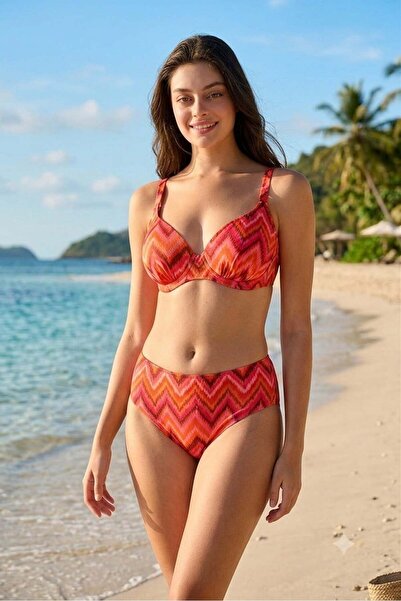 Kom Welle Desenli Toparlayıcı Bikini Takımı Turuncu