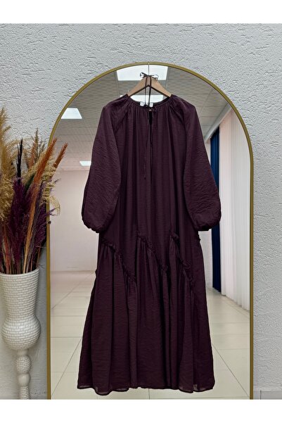 MİHRA STORE Günseli Six Ruffle Voile Dress-Ün5046 Plum