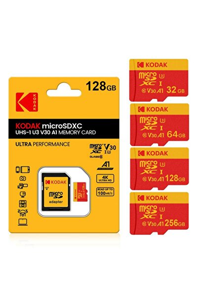 Kodak 128GB Micro SD UHS-I U3/V30/A1 Red Kart + Adaptör