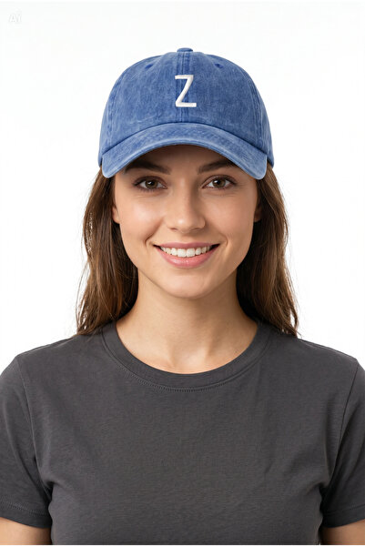 ŞapkaMania Z Letter Saks Blue Embroidered Washable Vintage Unisex Hat