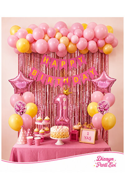 Dizayn Parti Evi 1-9 Yaş Pembe Doğum Günü Parti Seti | Happy Birthday Banner,...