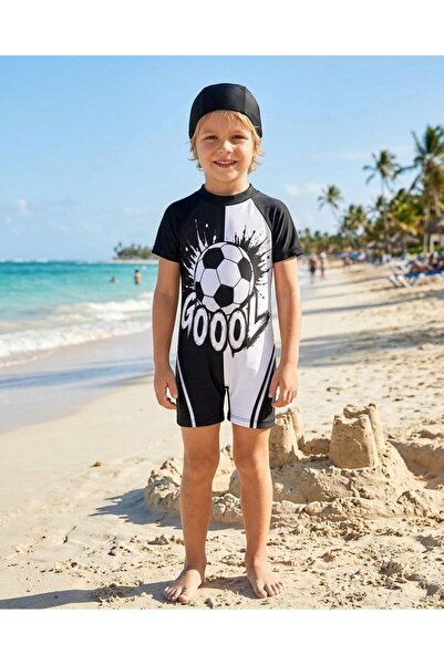 ALİŞ KİDS Costum de baie pentru băieți, negru și alb, cu model cu minge de fo...