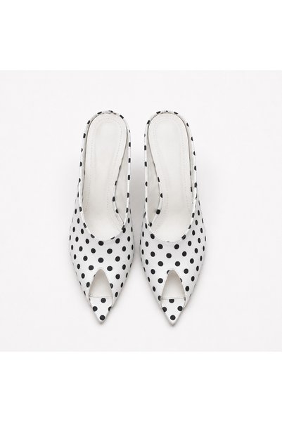 SHOELUKS Heeled White Black Polka Dot Slippers